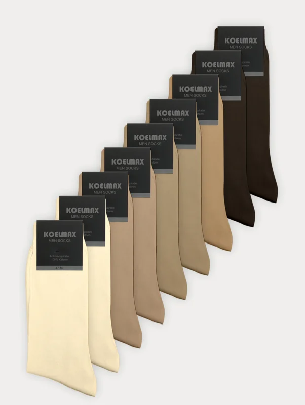 9 paar Koelmax 100% naadloze herensokken in de kleuren zandkleur, beige, donkerbeige en donker bruin