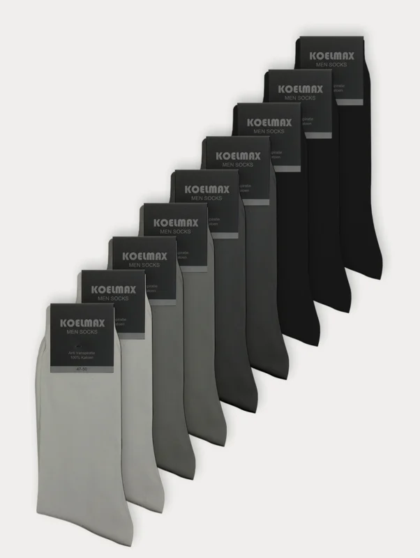 9 paar Koelmax 100% naadloze herensokken in de kleuren grijs, lichtgrijs , donkergrijs en zwart