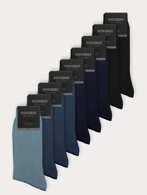 9 paar Koelmax 100% naadloze herensokken in de kleuren lichtblauw, blauw, marine en zwart