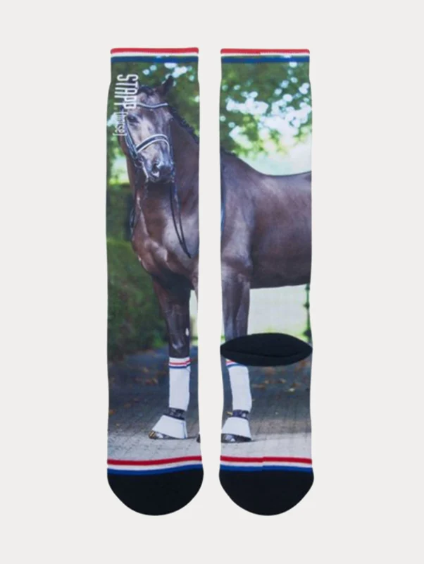 Stijlvolle paardrijsokken van StappHorse met de print van een paard die sokken draagt met de print van de Nederlandse vlag.
